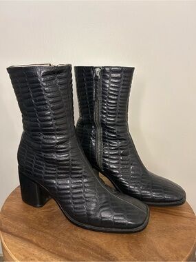 Intentionally Blank Leather Black Croc-Embossed Mid-Calf Block Heel Boots